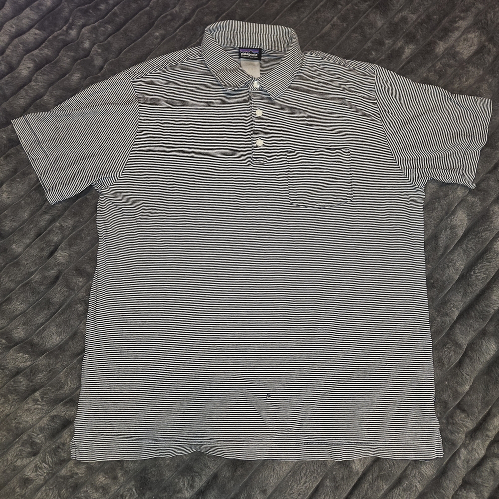 Patagonia Men's Polo Shirt - Black and White Stripes* Flawed